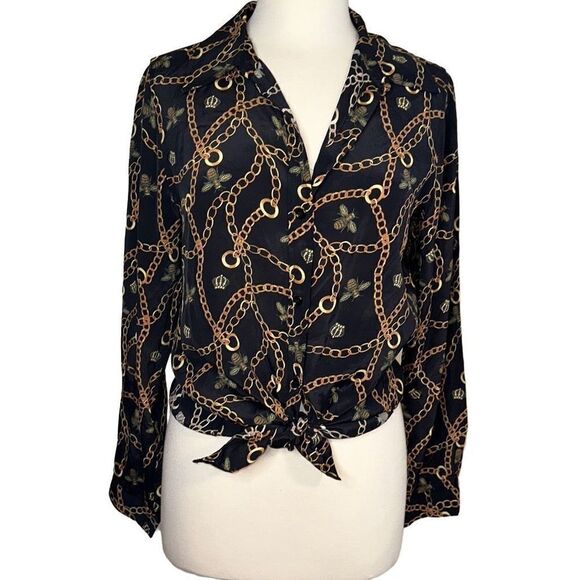 DG2 Diane Gilman Collection Silk Blend Top bee, chains, gold bling button up - Picture 1 of 9